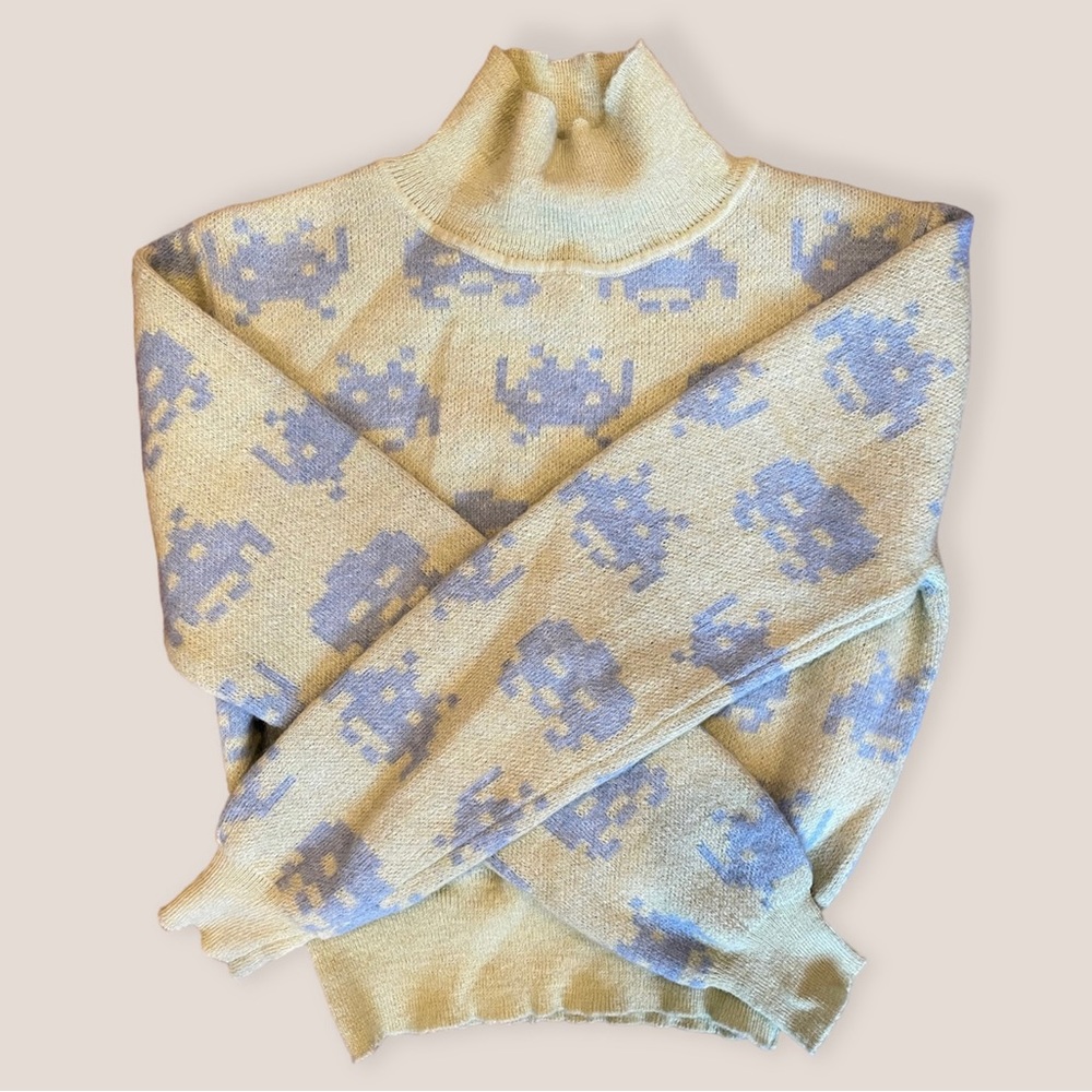 Zara Medium Pastel Green & Blue 8 Bit Space Invaders Cropped Turtleneck Sweater